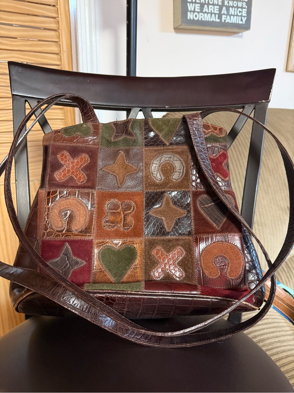 Patchwork Suede & Leather Shoulder Bag in Brown, Olive & Burgundy